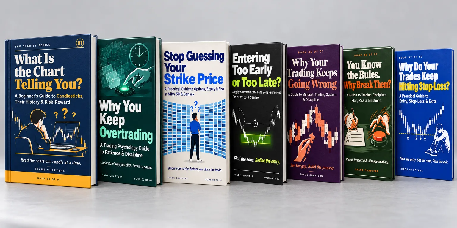 The 7 ebooks of The Clarity Series by Trade Chapters, standing side by side